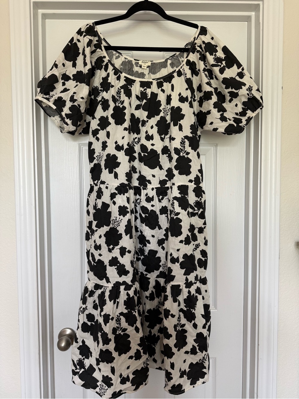 Black Floral 100% Cotton Midi Dress - White & Black